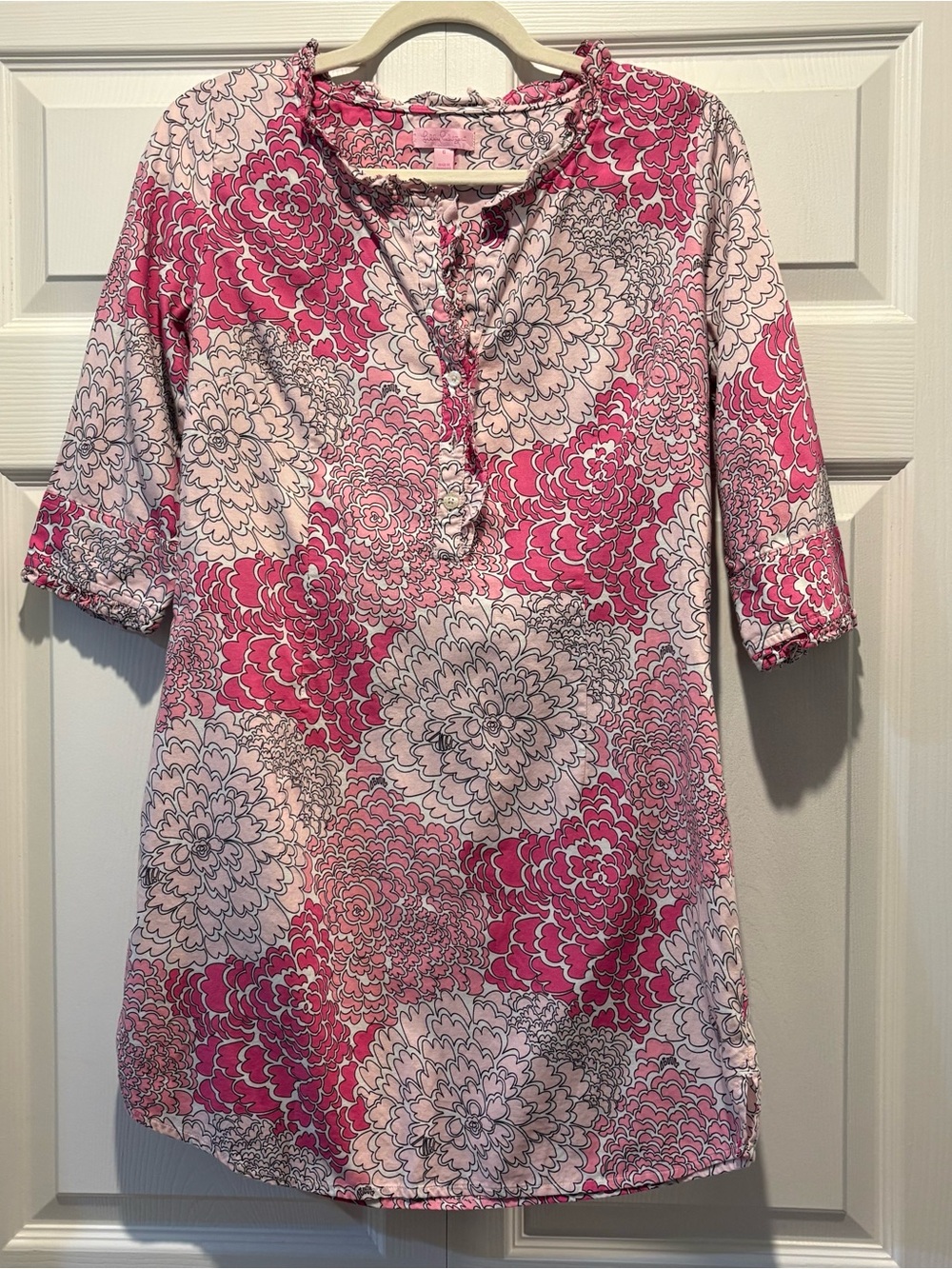 Lilly Pulitzer Pink Floral Tunic Dress Ruffle 3/4 Sleeves 100% Cotton Sz 6